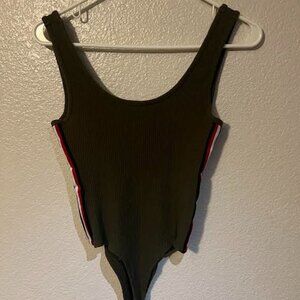 Army Green Tank Bodysuit with Stripes Downside